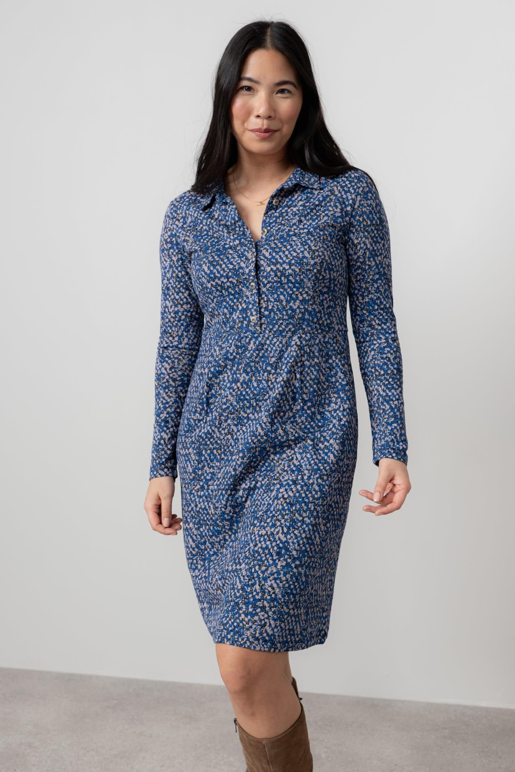 Lily & Me Lily & Me Women's Elmore Cotton Jersey Shirt Dress with Long Sleeves in Cobalt