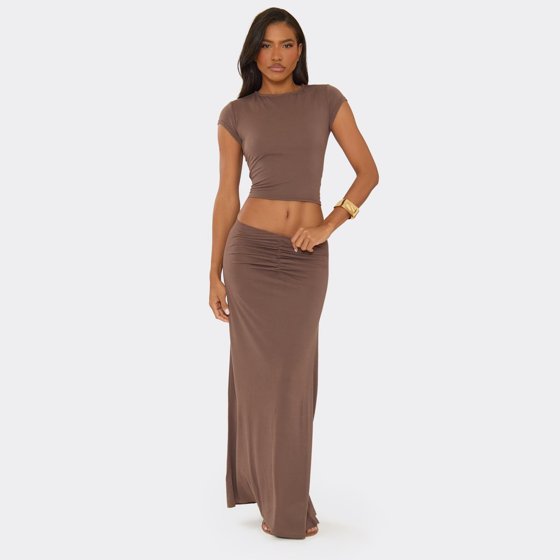 EGO Mid Rise Ruched Front Maxi Skirt In Taupe Modal, Women's Size UK 6