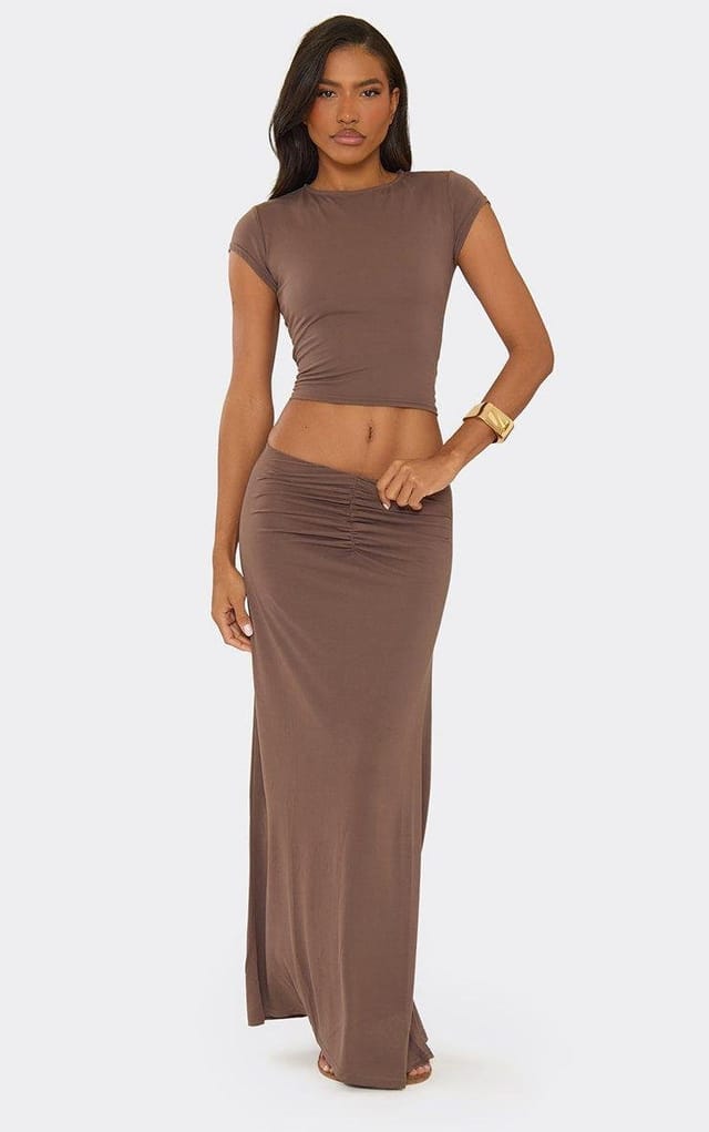 EGO Mid Rise Ruched Front Maxi Skirt In Taupe Modal, Women's Size UK 6 - 2