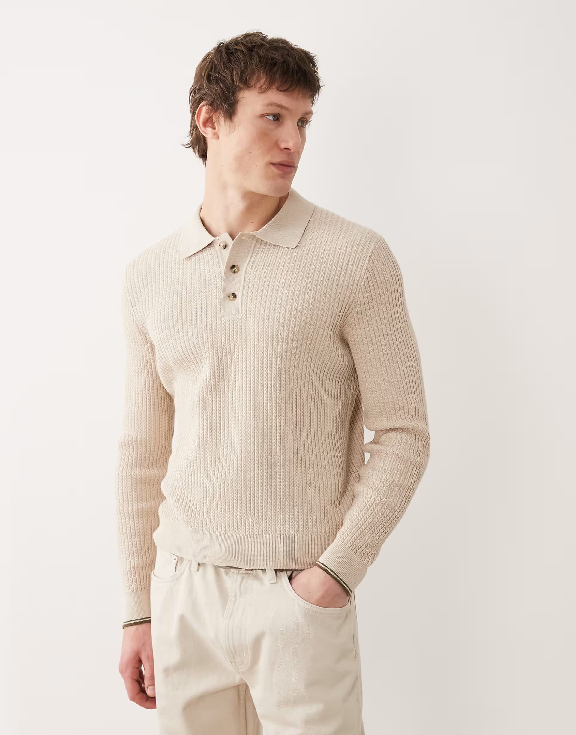 ASOS Mango cotton mix knitted poloshirt in ecru