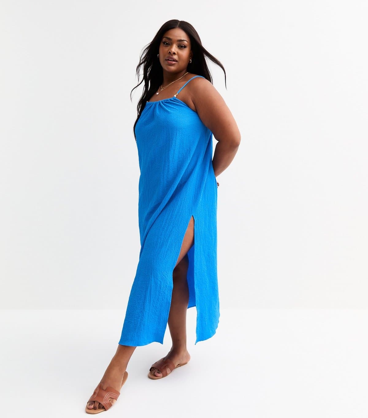 New Look Women's Plus Size Blue Crinkled Slit Hem Dress Curves New Look