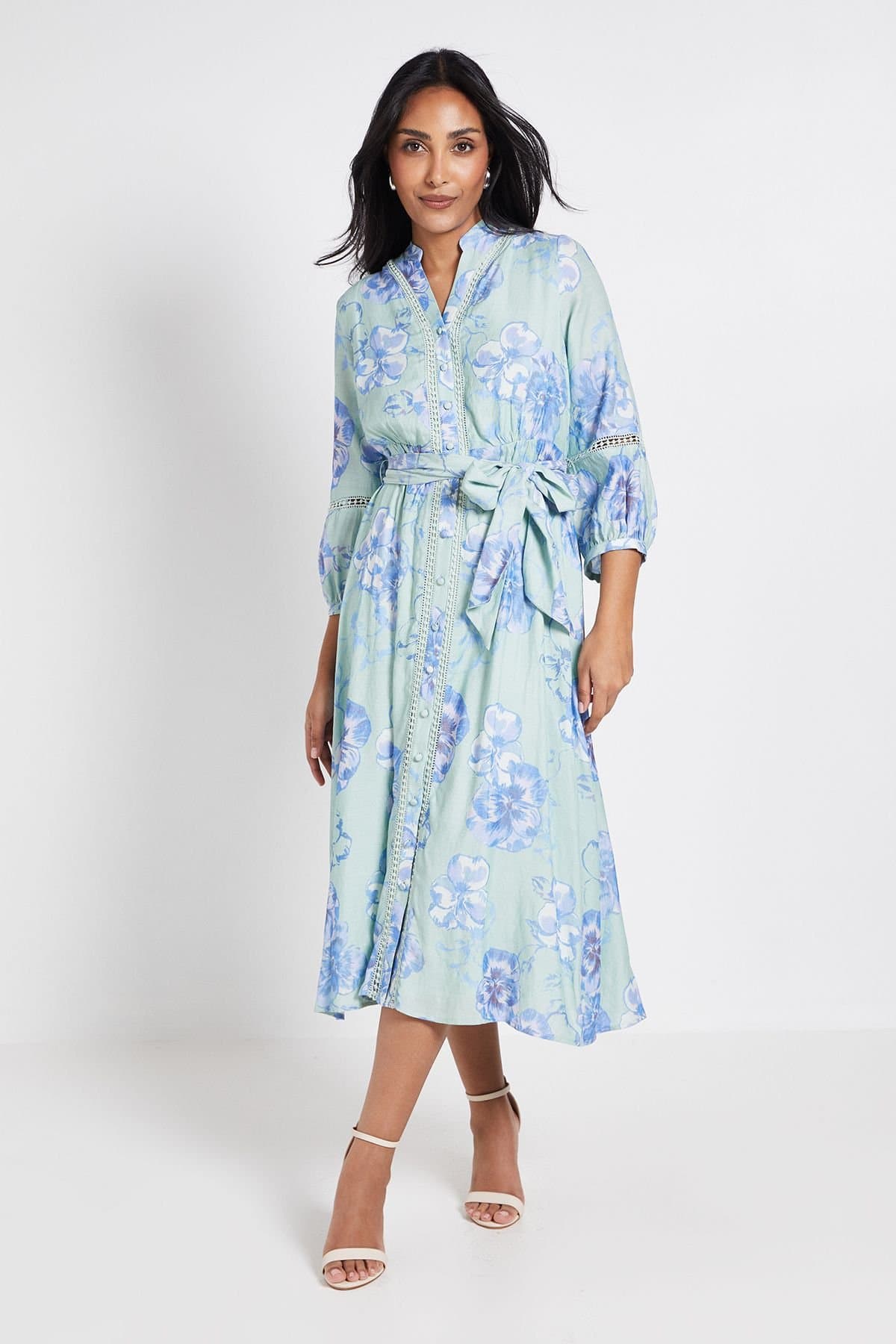 Wallis Wallis Women's Petite Floral Lace Insert Collarless Shirt Dress in Sage