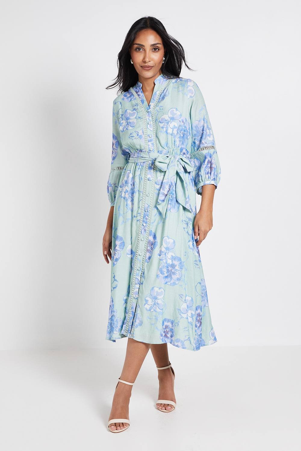 Wallis Wallis Women's Petite Floral Lace Insert Collarless Shirt Dress in Sage - 2