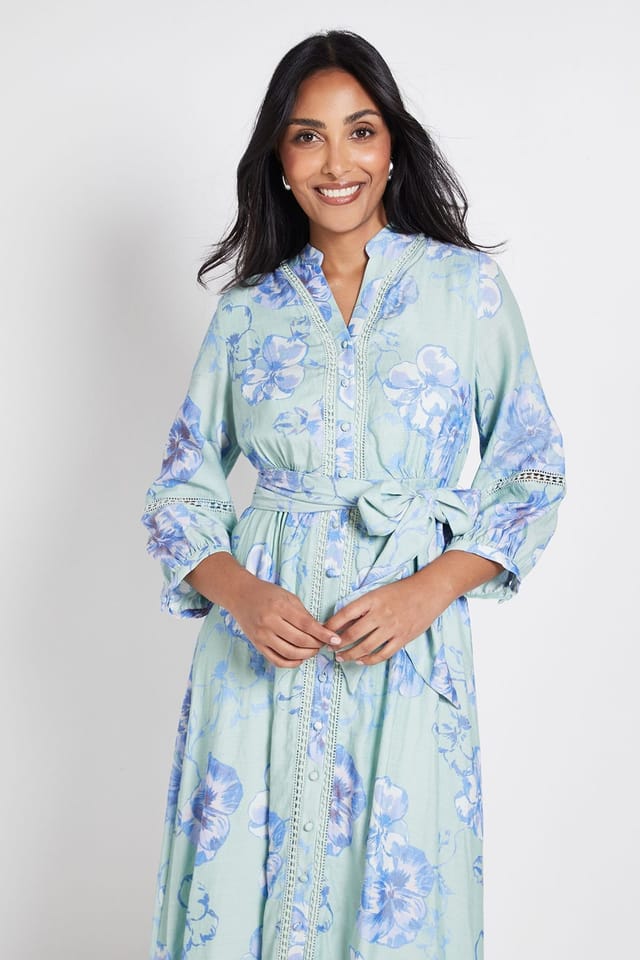 Wallis Wallis Women's Petite Floral Lace Insert Collarless Shirt Dress in Sage - 2