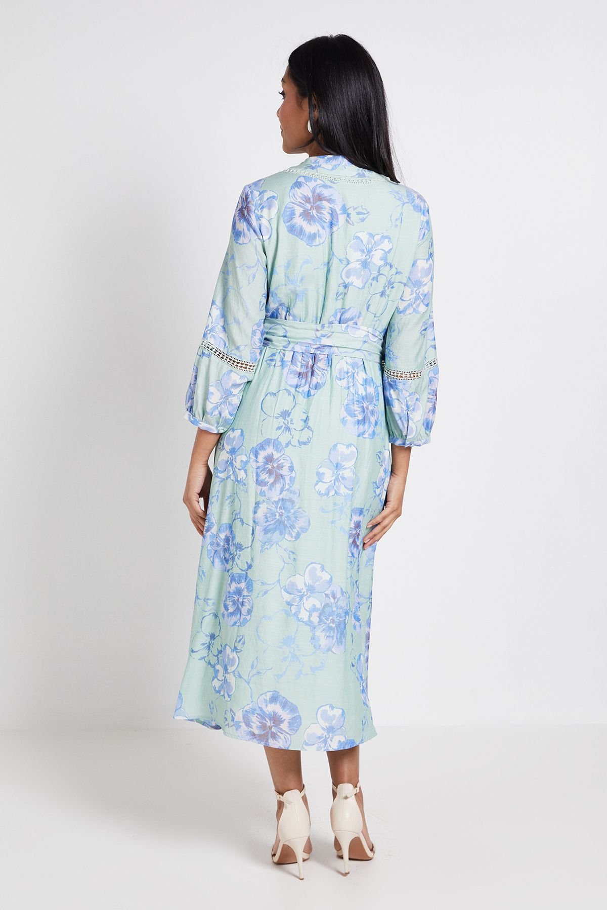 Wallis Wallis Women's Petite Floral Lace Insert Collarless Shirt Dress in Sage - 3