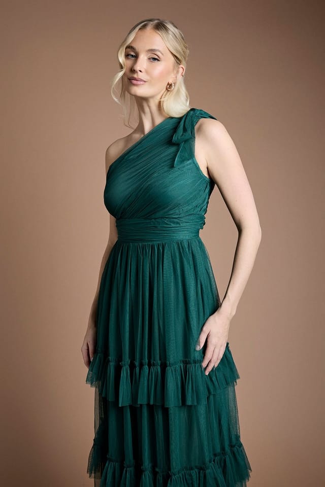 Oasis Oasis Women's Pleated Mesh One Shoulder Tiered Maxi Bridesmaid Maxi Dress in Emerald - 2