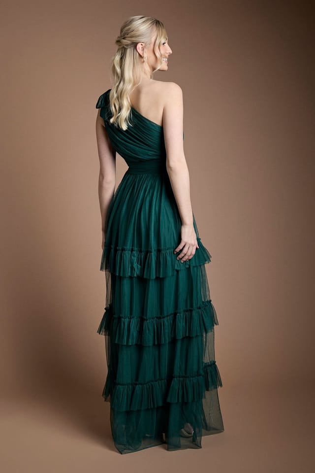 Oasis Oasis Women's Pleated Mesh One Shoulder Tiered Maxi Bridesmaid Maxi Dress in Emerald - 3