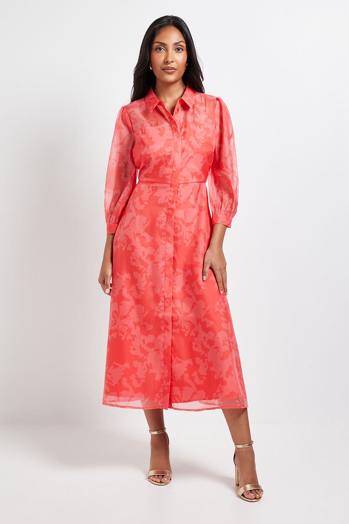 Wallis Wallis Women's Petite Floral Organza Button Midi Dress in Coral