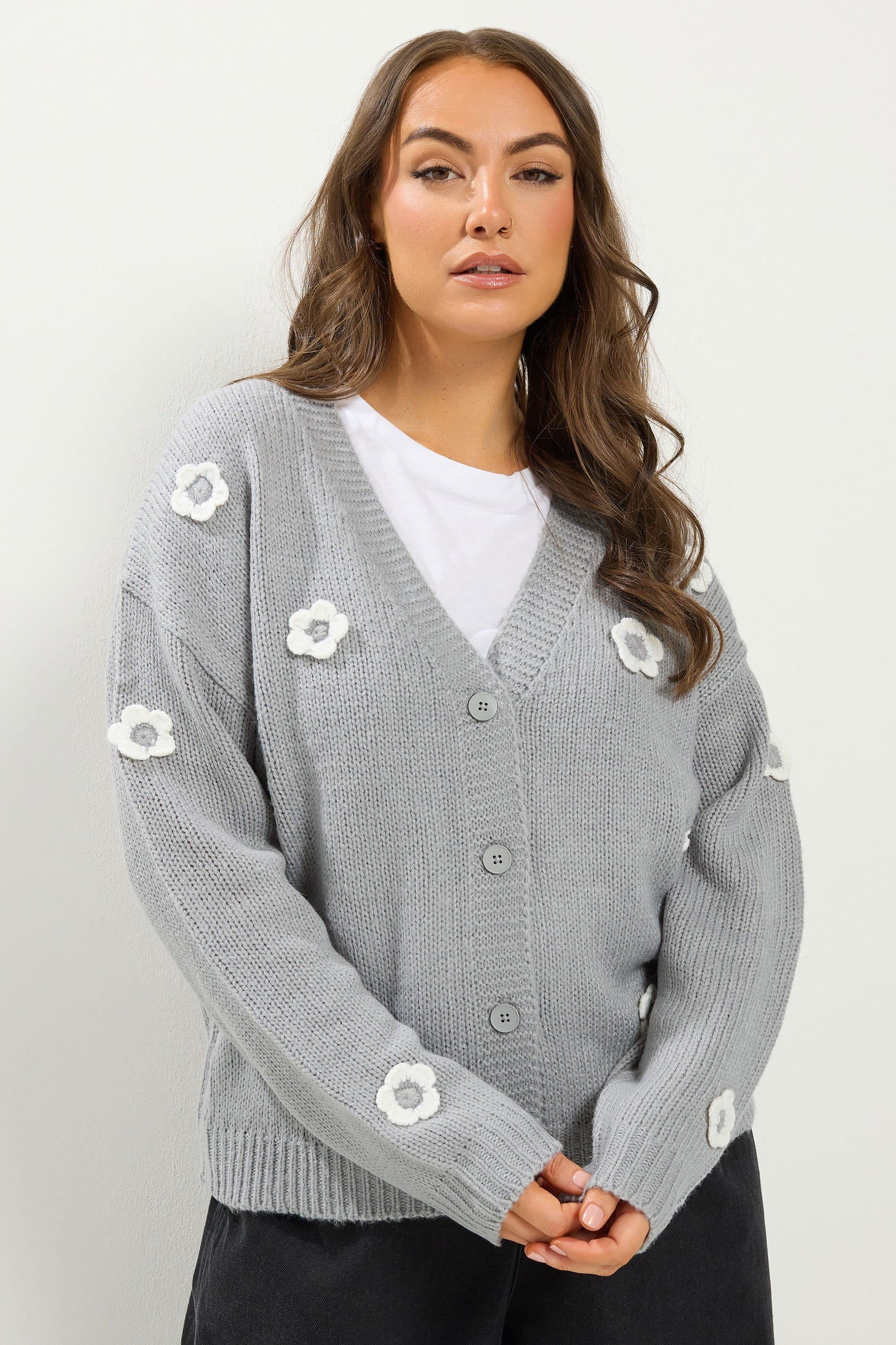 Yours Plus Size Grey Applique Flower Cardigan