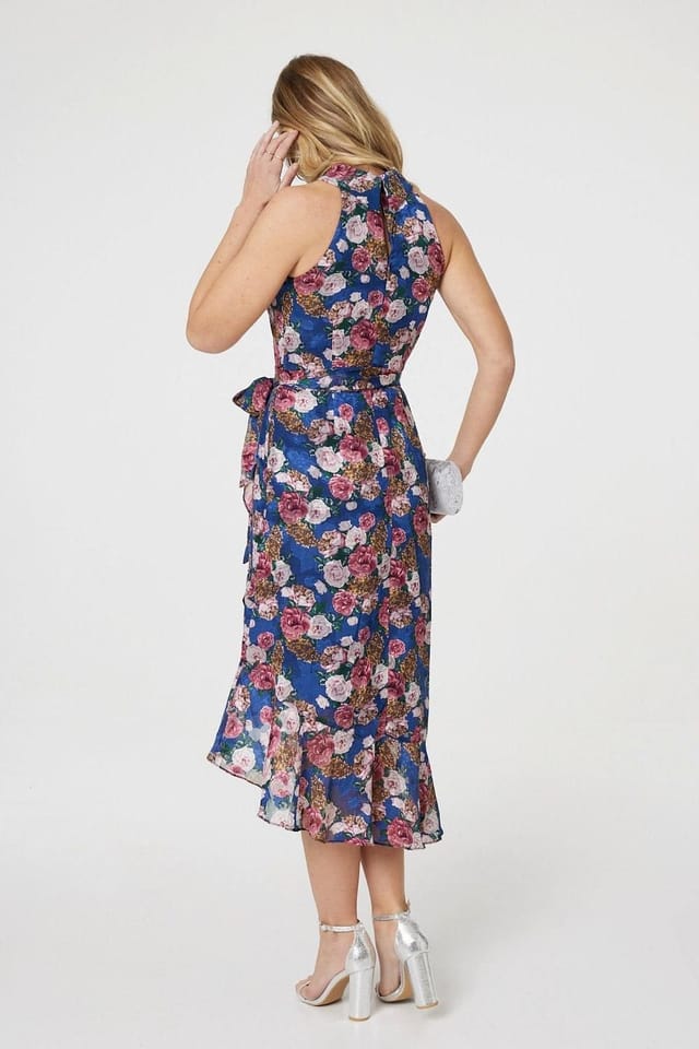 Izabel London Izabel London Women's Floral Frill Hem Midi Halter Dress in Blue - 3