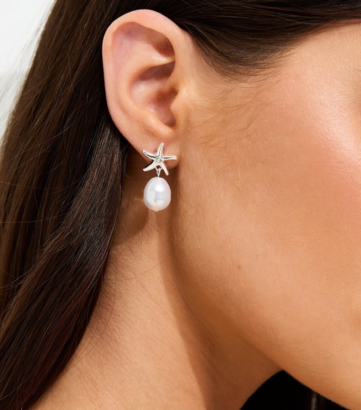 New Look Silver Tone Mini Starfish Faux Pearl Drop Earrings New Look