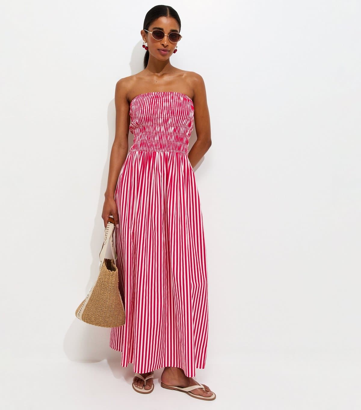 New Look Women's Red Striped Shirred Bandeau Maxi Dress New Look