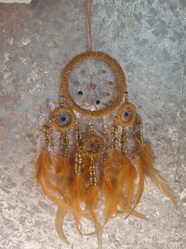 DreamCatcher 🧡 Golden Dreamcatcher – Multi-Hoop with Beads & Orange Feathers