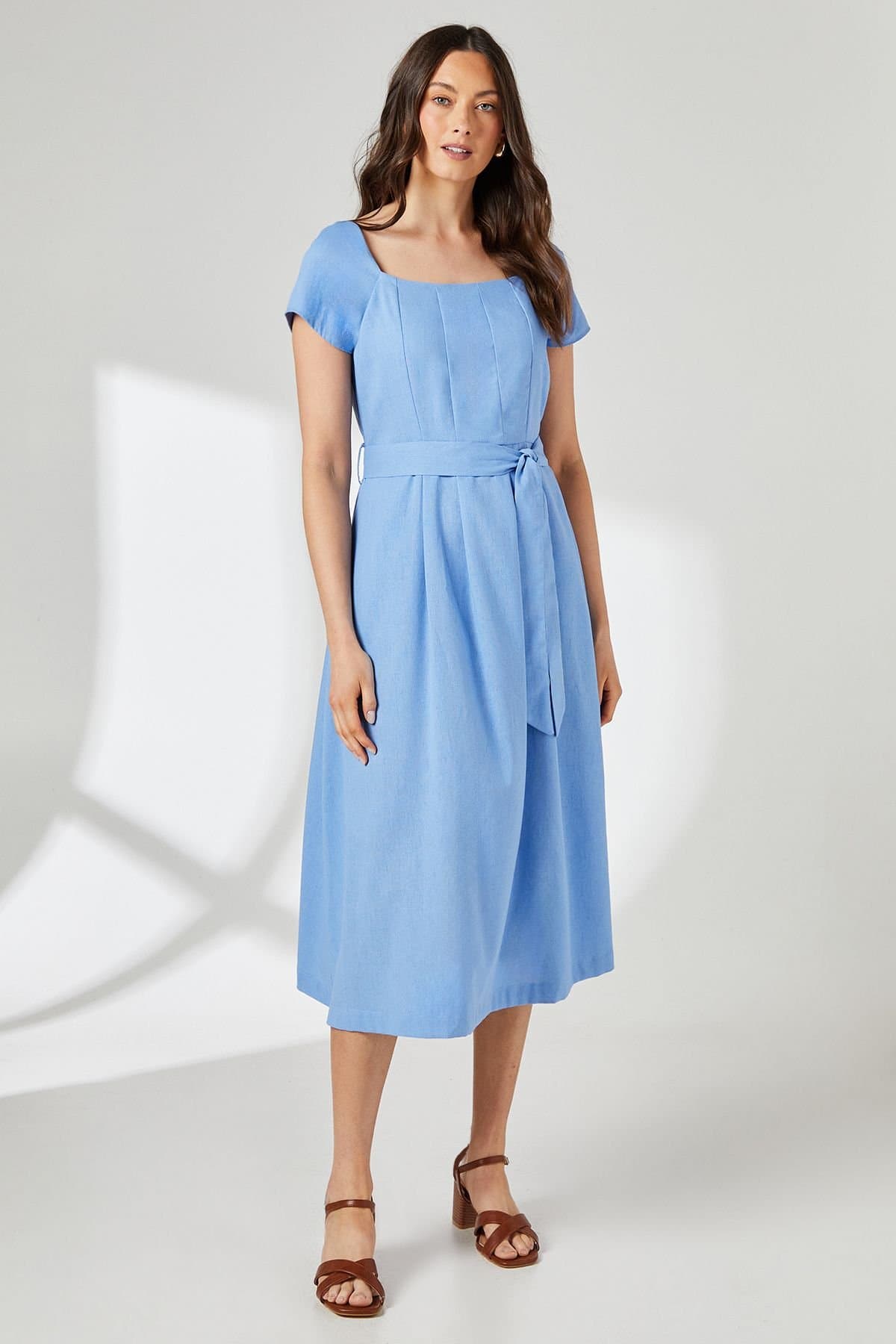 Principles Principles Women's Square Neck Belted Linen Midi Dress in Blue