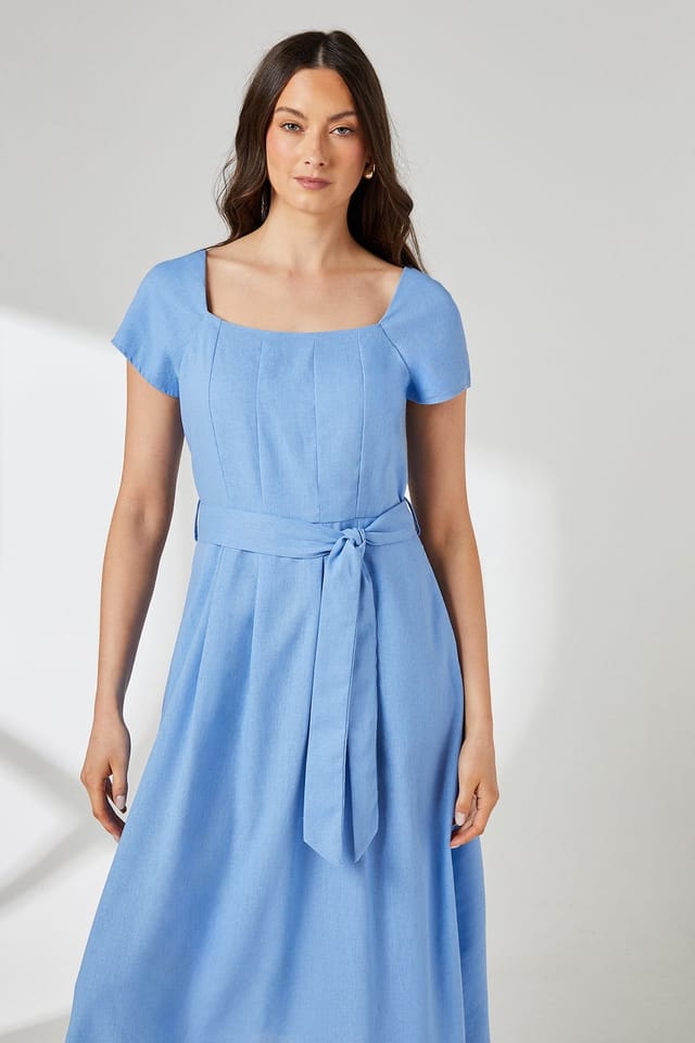 Principles Principles Women's Square Neck Belted Linen Midi Dress in Blue - 2