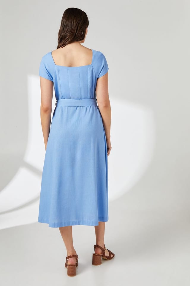 Principles Principles Women's Square Neck Belted Linen Midi Dress in Blue - 3