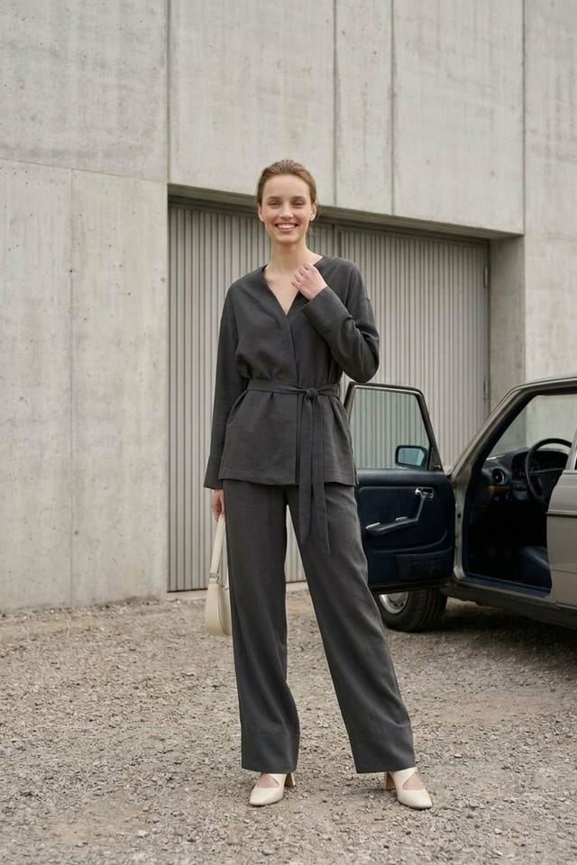 MyFashion MyFashion Women's Belted V-neck Long Sleeve Two-Piece Set in Charcoal - 2