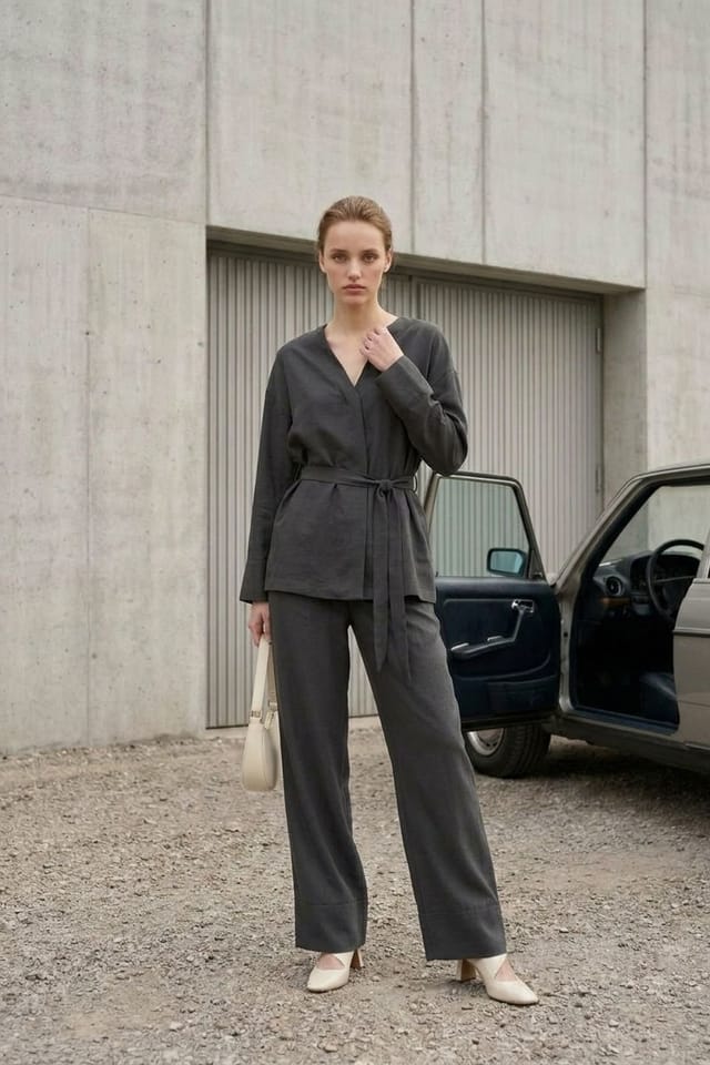 MyFashion MyFashion Women's Belted V-neck Long Sleeve Two-Piece Set in Charcoal - 3