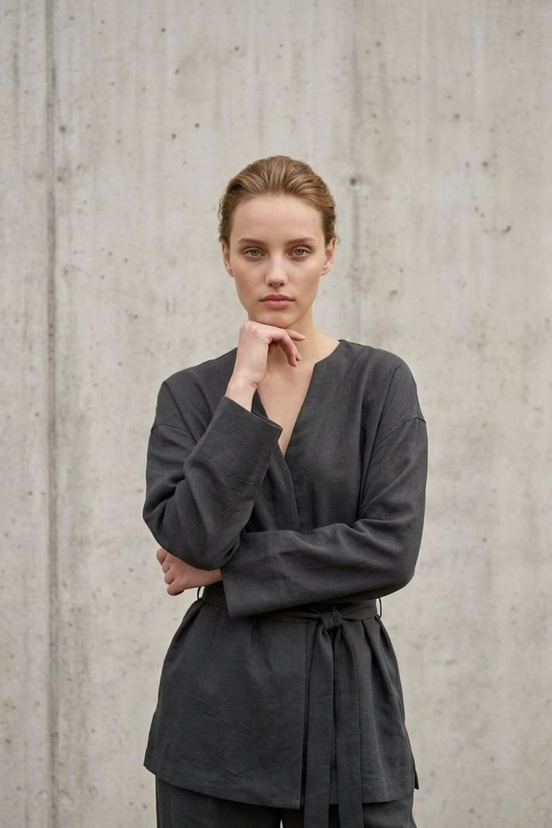 MyFashion MyFashion Women's Belted V-neck Long Sleeve Two-Piece Set in Charcoal - 4