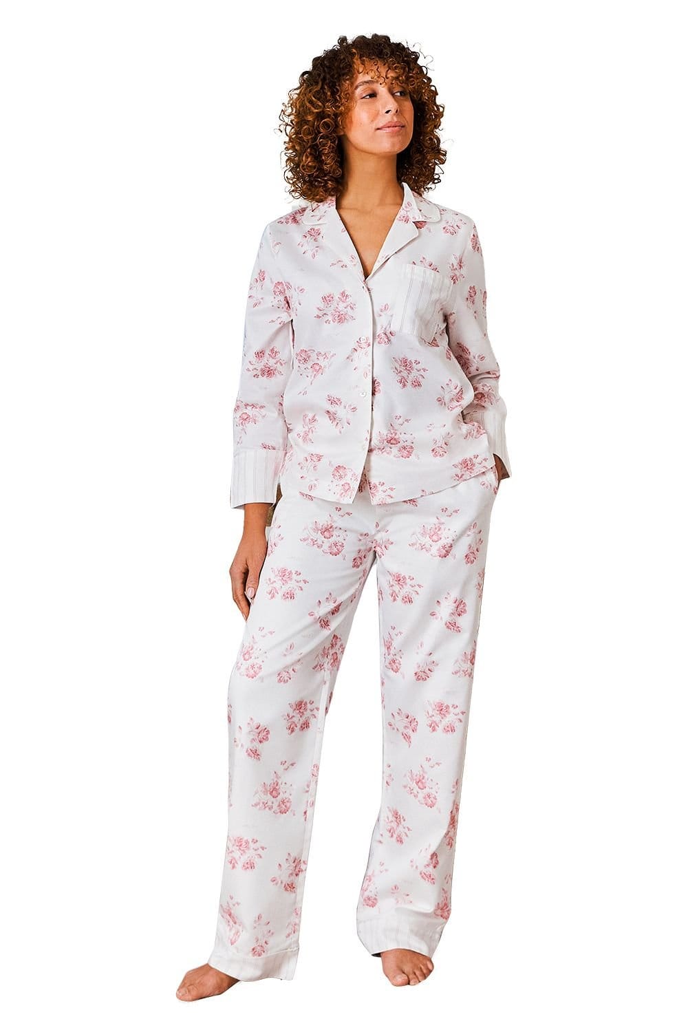 Christy CHRISTY Women's 'Roses' Floral Cotton Sateen Pyjama Set in Pink - 1