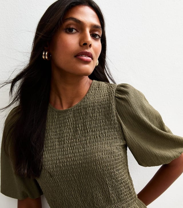 New Look Women's Khaki Crinkle Texture Puff Sleeve Smock Midi Dress New Look - 2