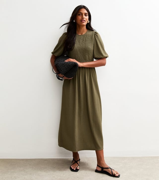 New Look Women's Khaki Crinkle Texture Puff Sleeve Smock Midi Dress New Look - 3