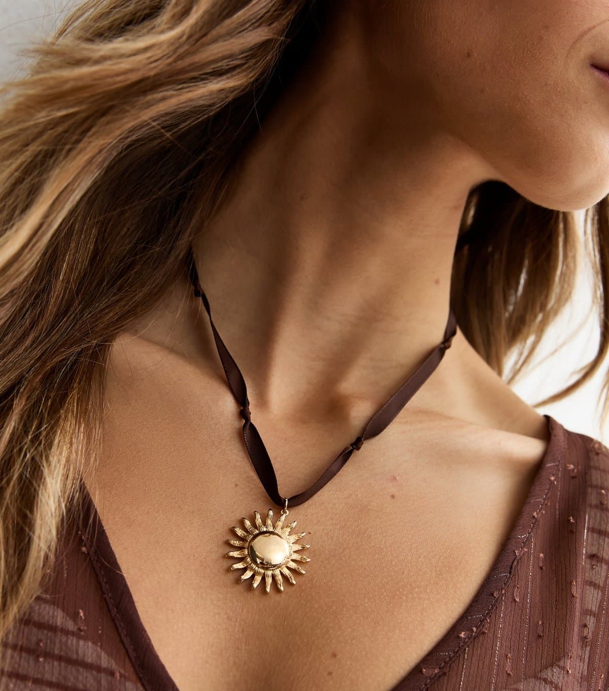 New Look Brown Sun Pendant Satin Rope Necklace New Look