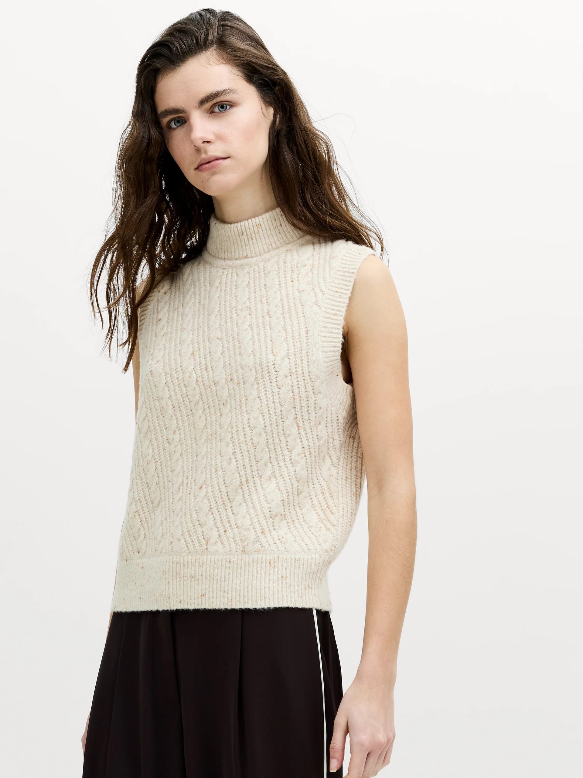 French Connection Ecru Cable Knit Mock Neck Vest