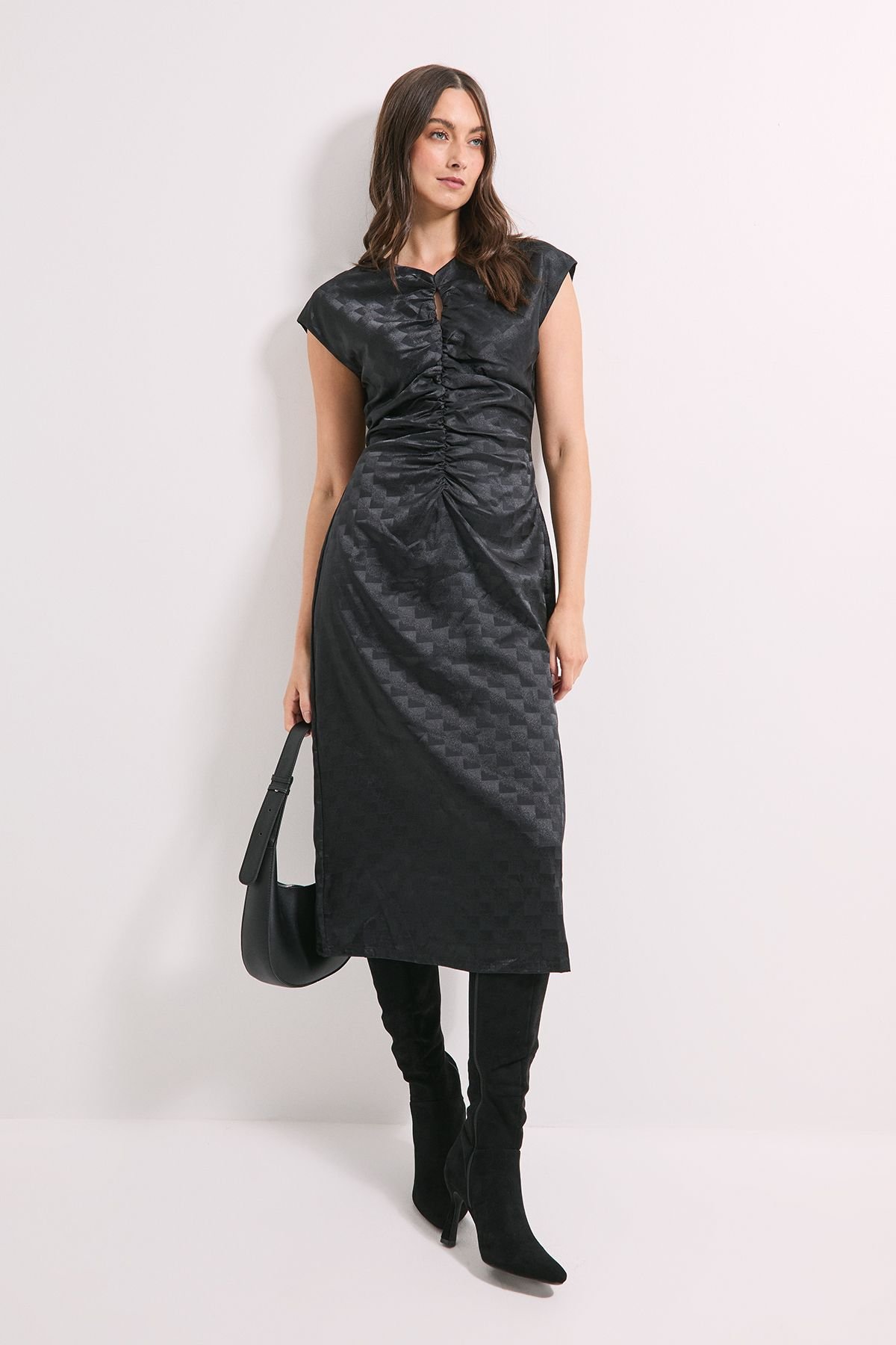 Principles Principles Women's Ruched Front Satin Jacquard Keyhole Detail Midi Dress in Black - 2