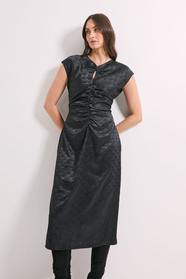 Principles Principles Women's Ruched Front Satin Jacquard Keyhole Detail Midi Dress in Black - 2