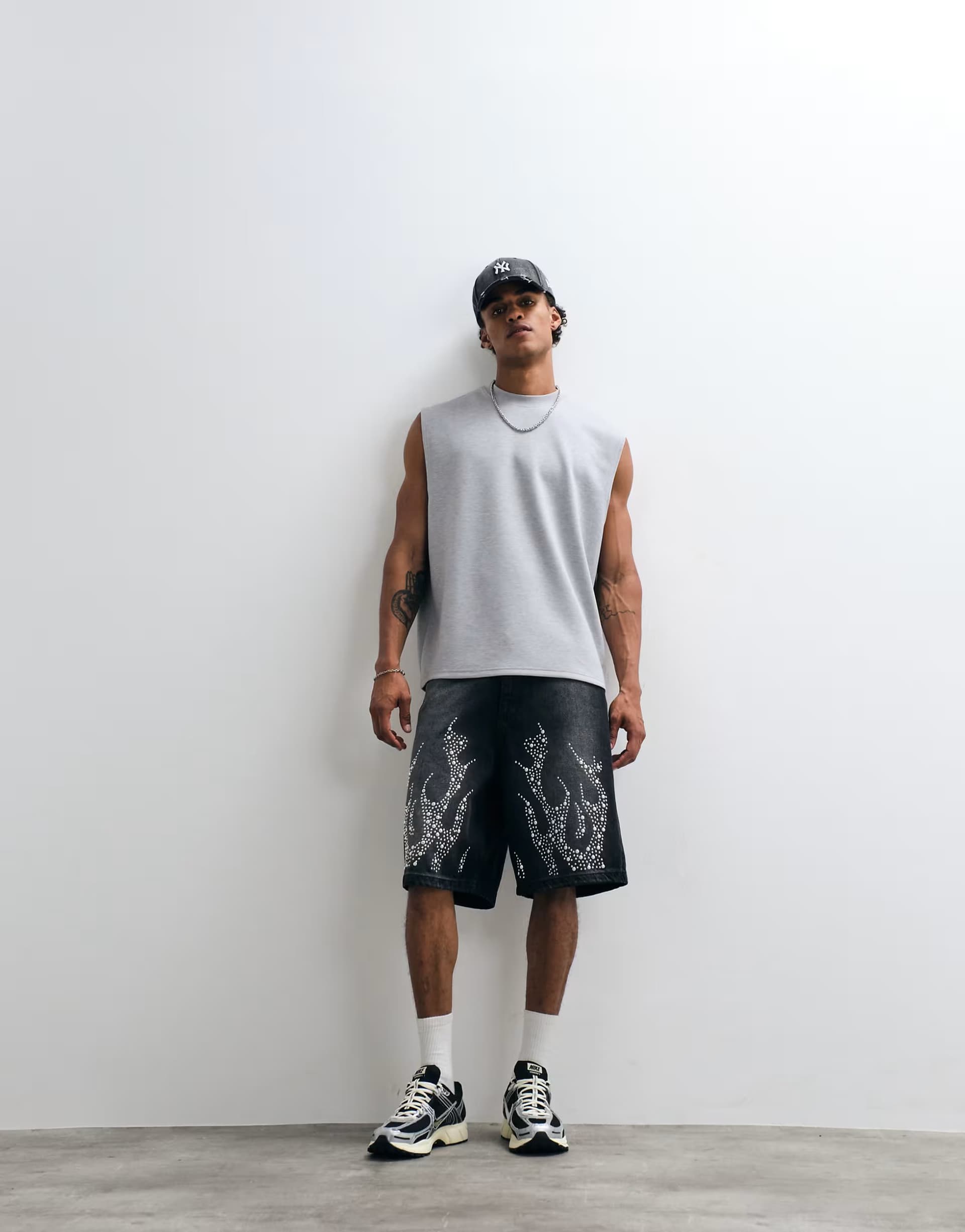 ASOS Courtside embellished flame denim shorts in washed black