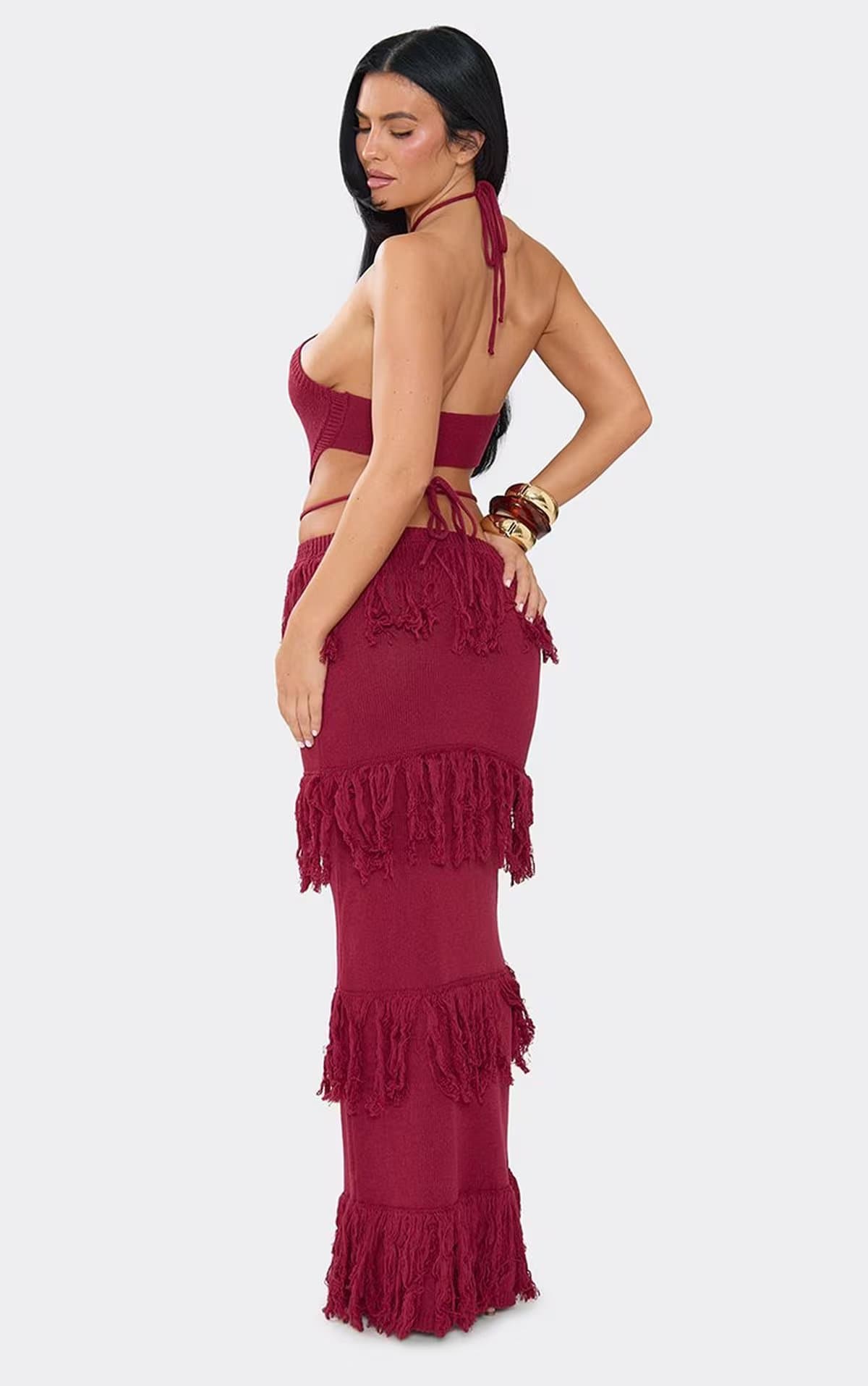EGO Halterneck Cut Out Fringe Detail Maxi Dress In Burgundy Knit, Women's Size UK L