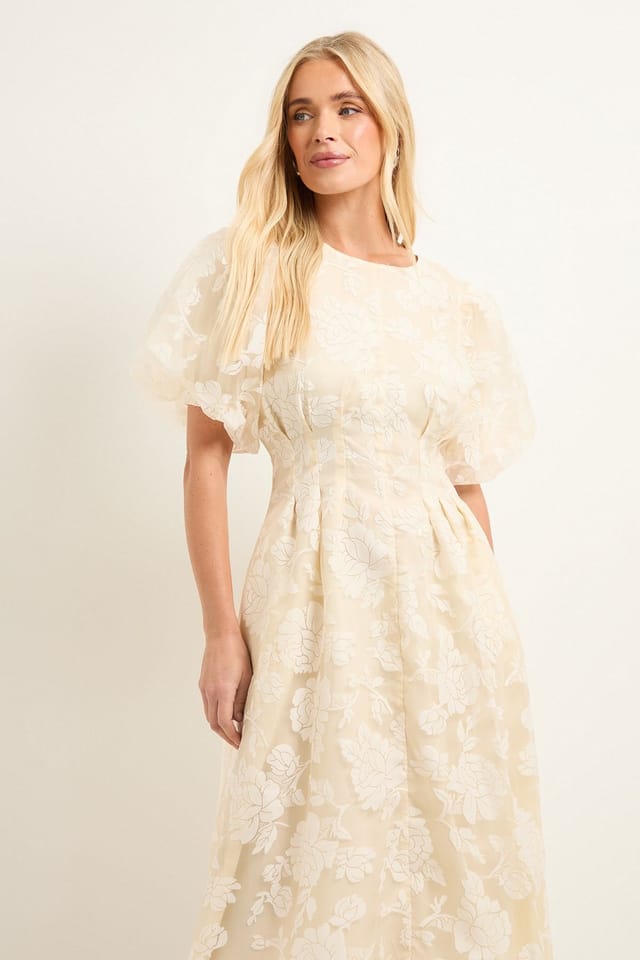 Wallis Wallis Women's Petite Floral Burn Out Puff Sleeve Midi Dress in Yellow - 2