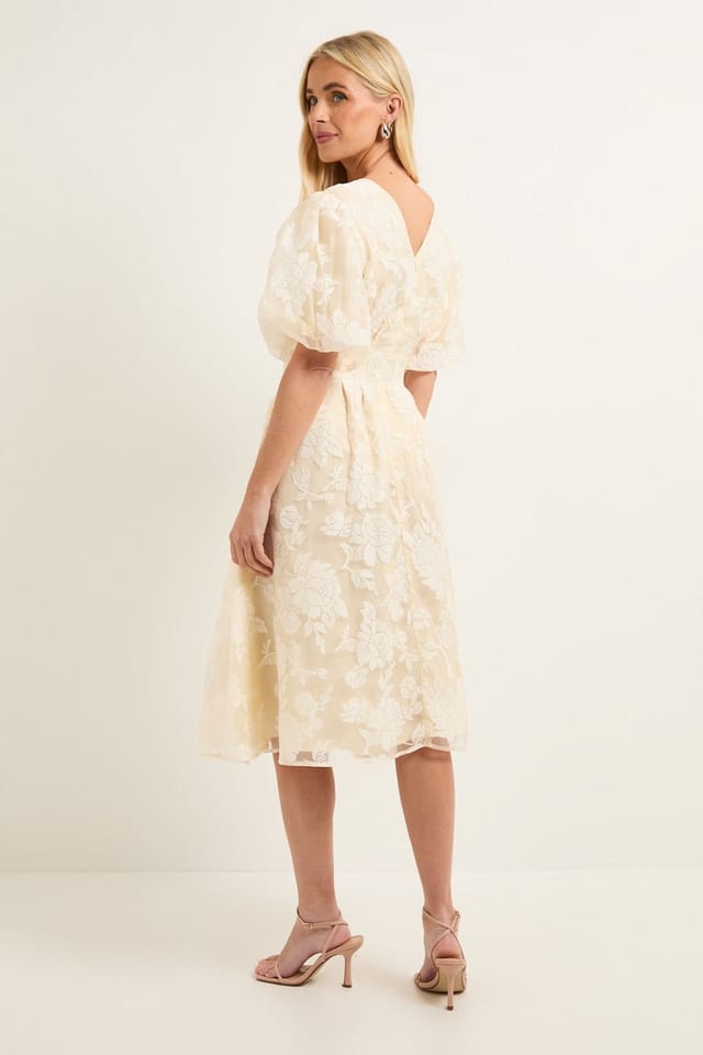 Wallis Wallis Women's Petite Floral Burn Out Puff Sleeve Midi Dress in Yellow - 3