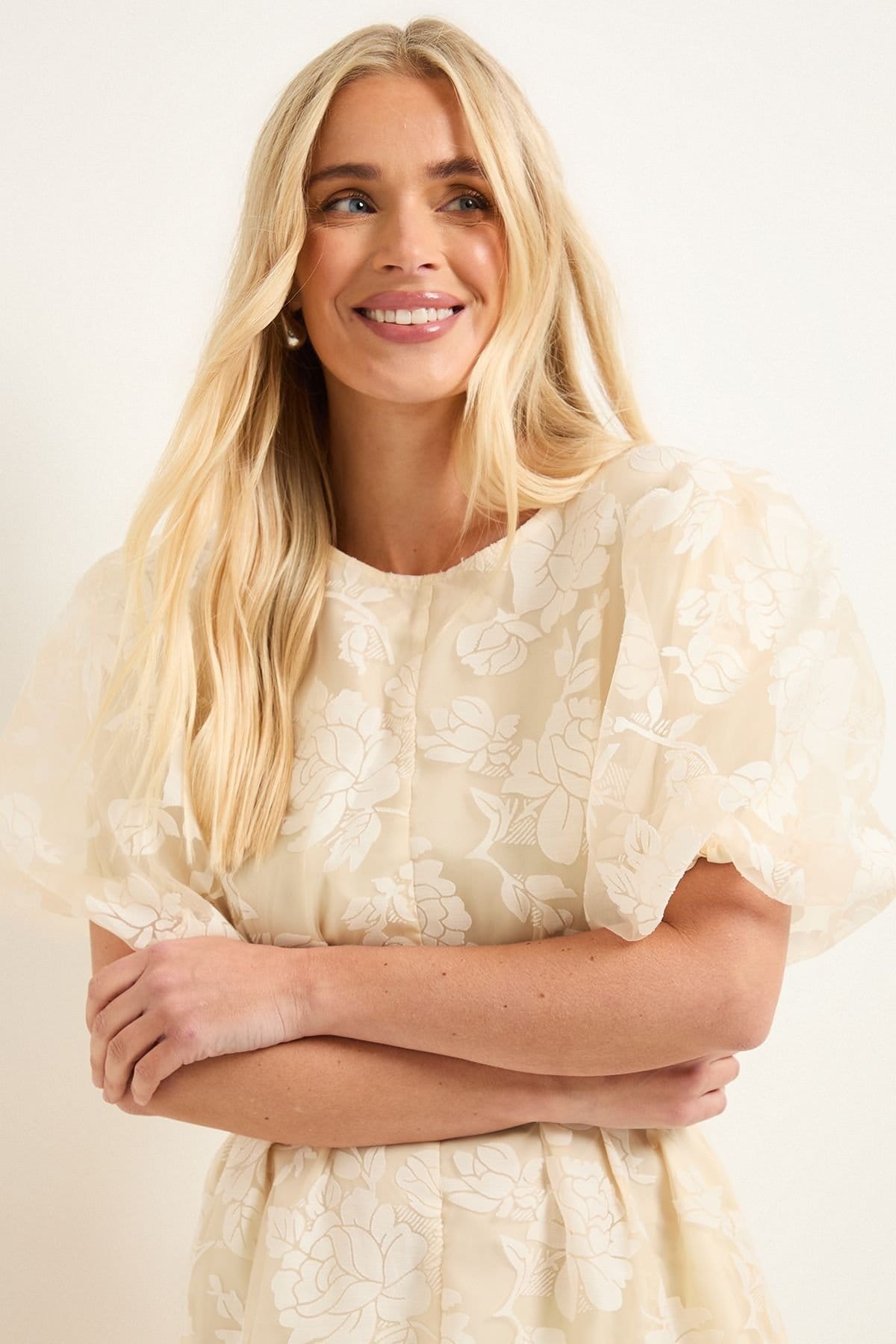 Wallis Wallis Women's Petite Floral Burn Out Puff Sleeve Midi Dress in Yellow - 4