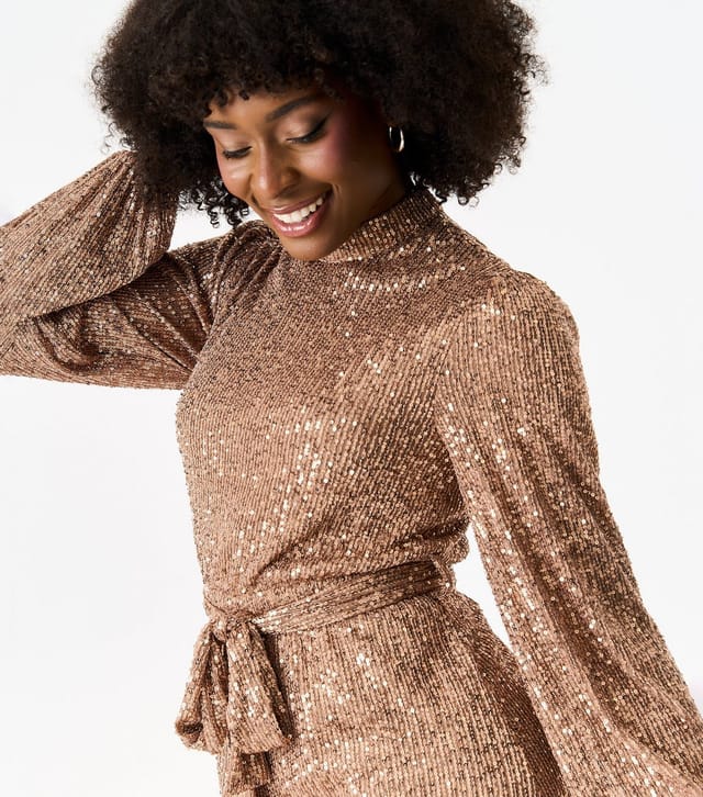 Gini London Women's Rose Gold Sequinned Long Sleeve Mini Dress Gini London New Look - 2