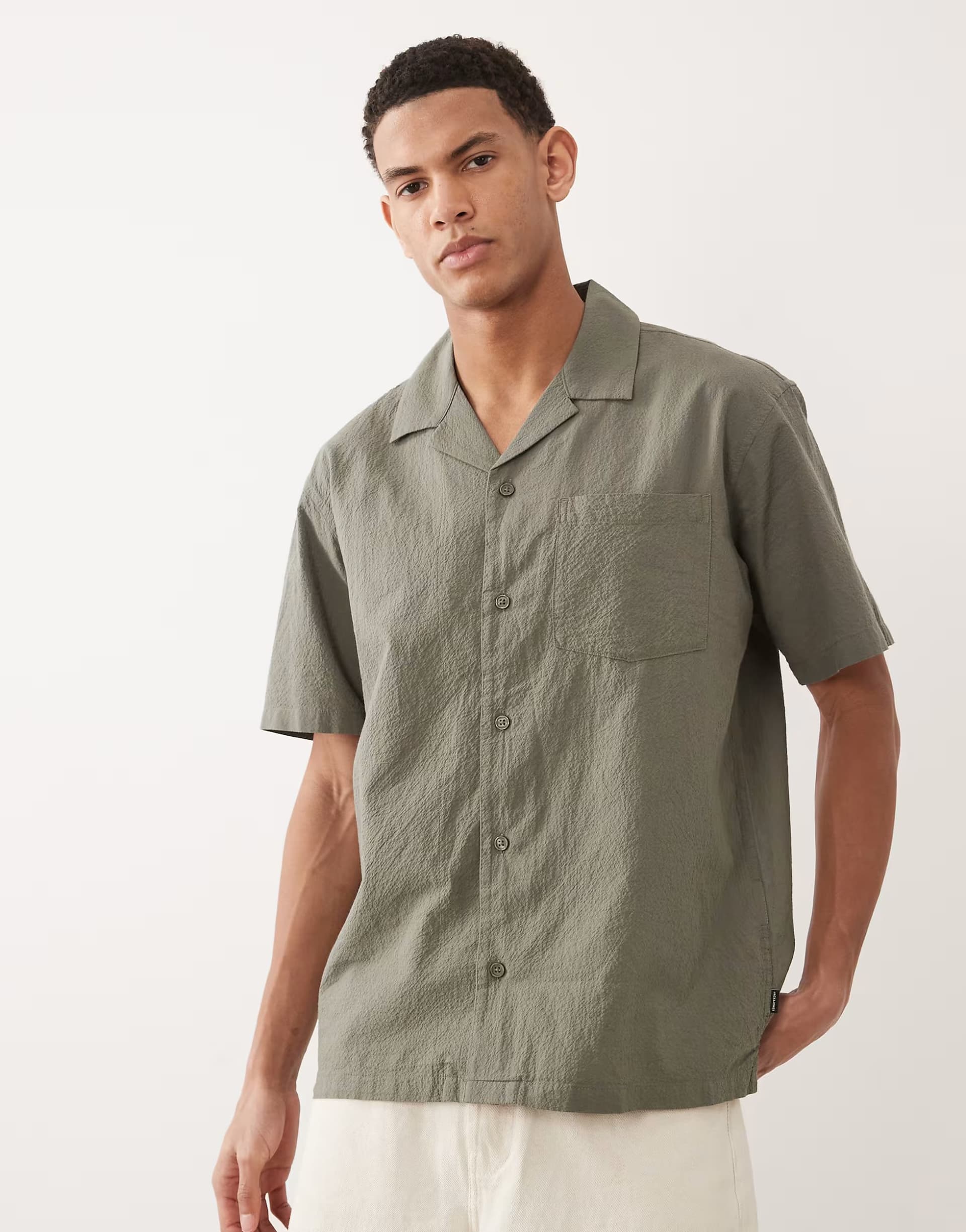 ASOS Jack & Jones Premium seersucker short sleeve shirt in smokey olive