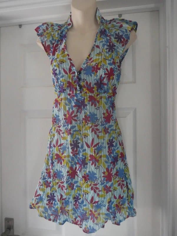 Carbon Carbon Dress Ladies Size 8 Blue Striped Floral Cotton Summer Holiday Tea Dress
