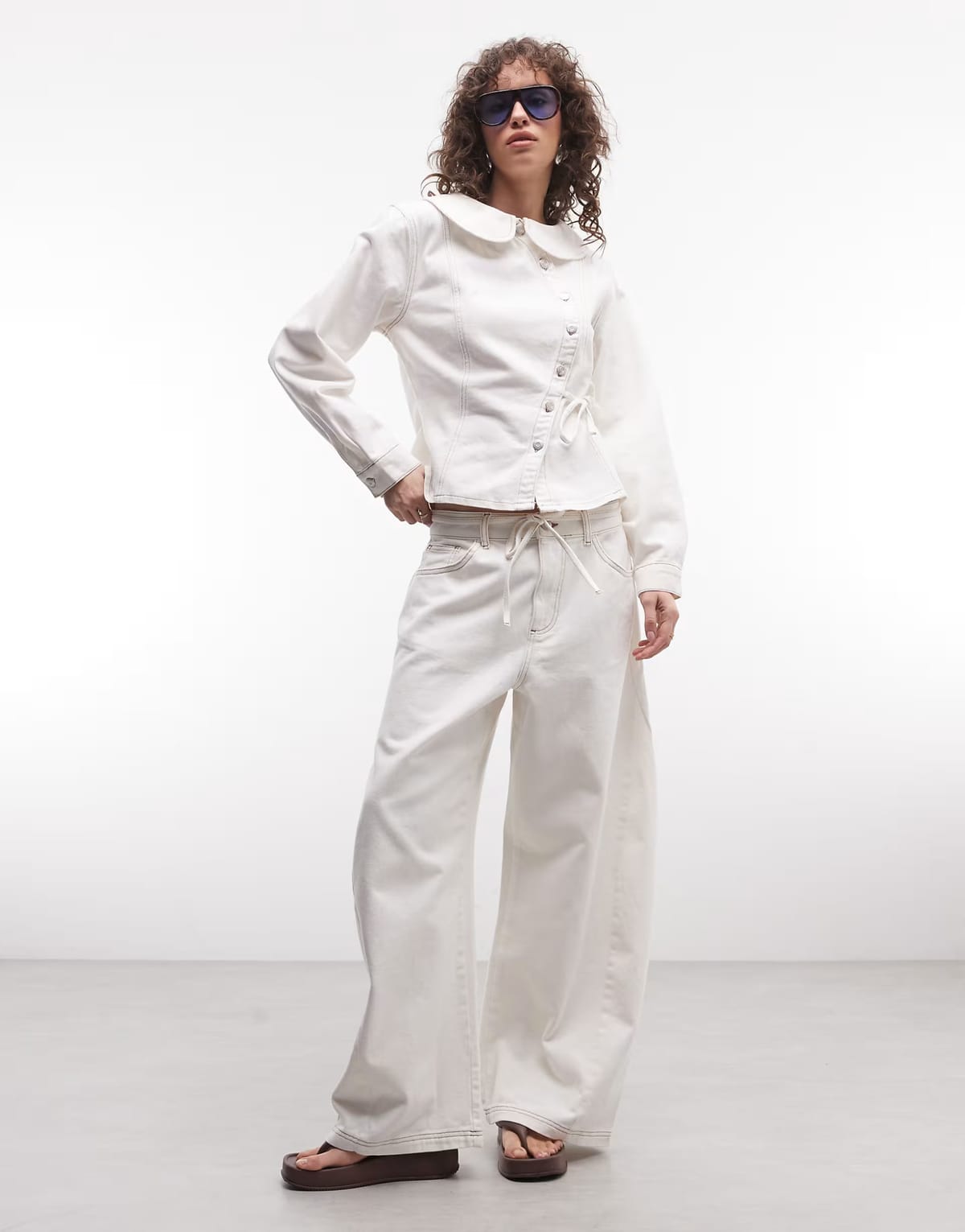ASOS Reclaimed Vintage denim baggy wide jean with tie detail co-ord in white - 1