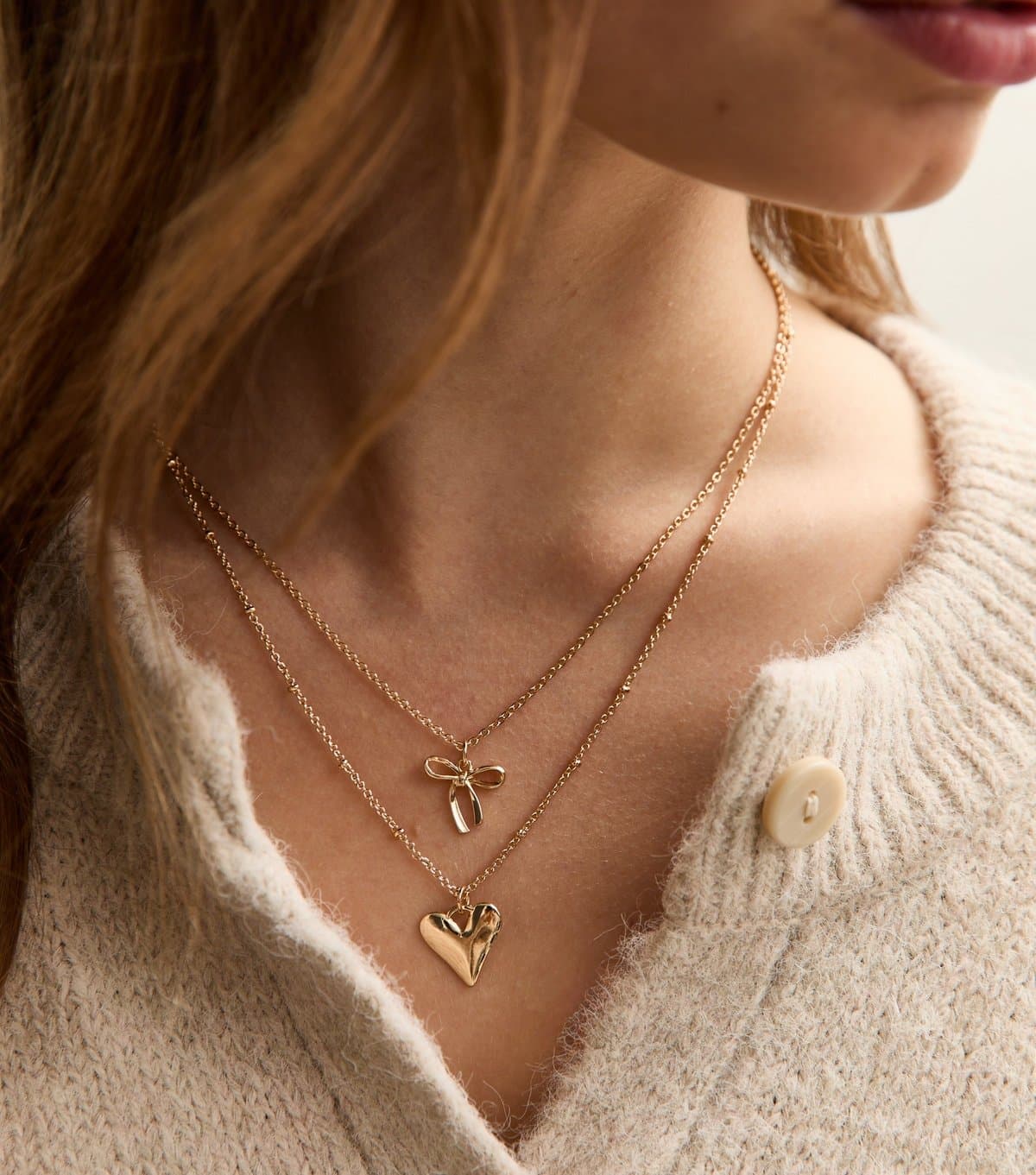 New Look Gold Tone 2 Layer Bow and Heart Pendant Necklace New Look