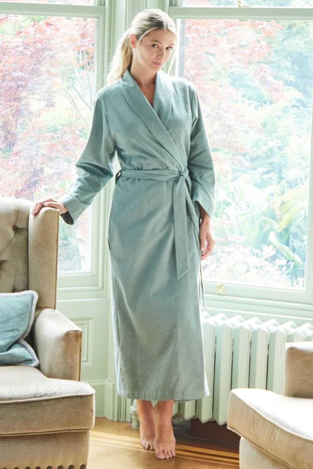 British Boxers British Boxers Women's "Moss" Herringbone Brushed Cotton Dressing Gown in Dark Green