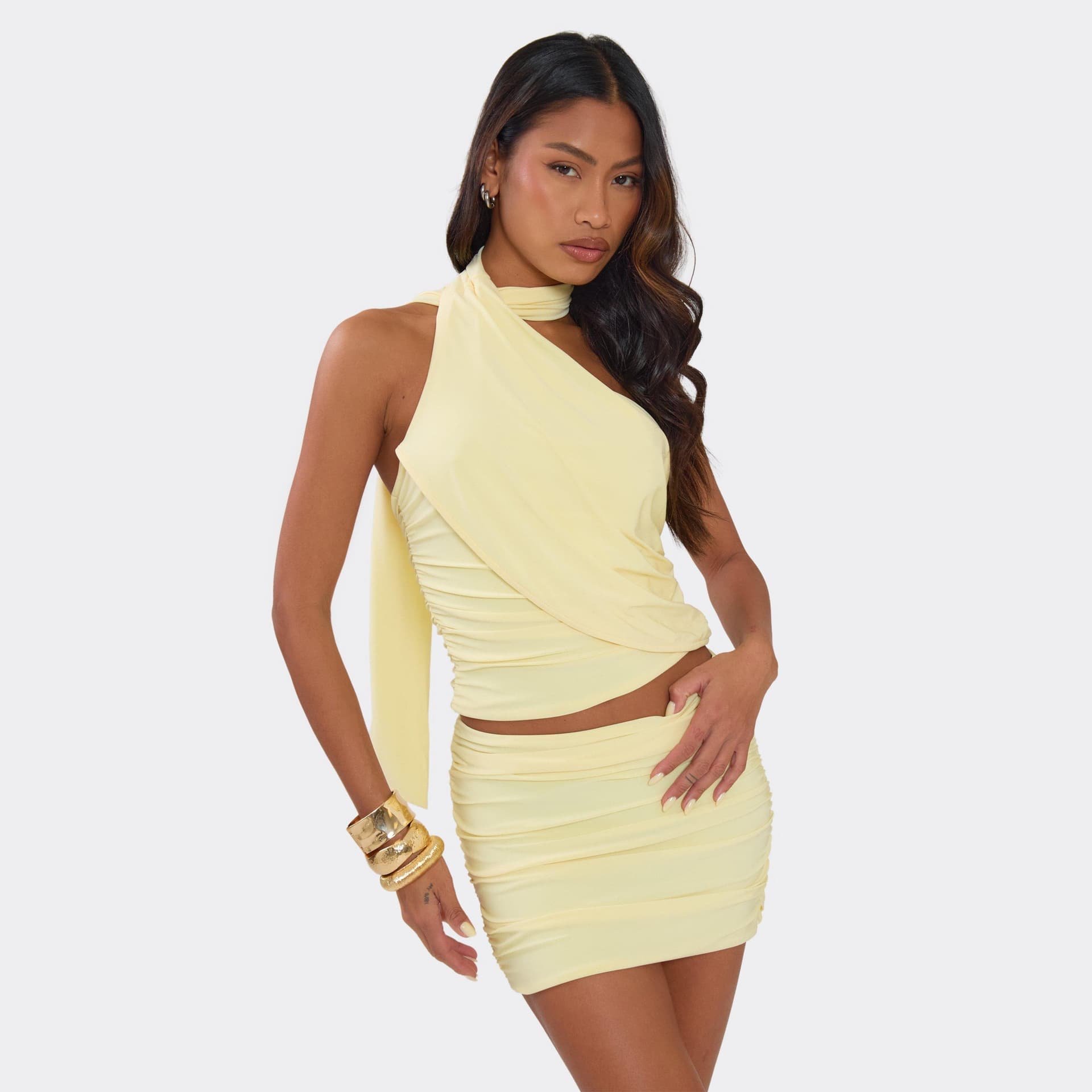 EGO One Shoulder Wrap Neck Draped Detail Ruched Top In Lemon, Women's Size UK 6