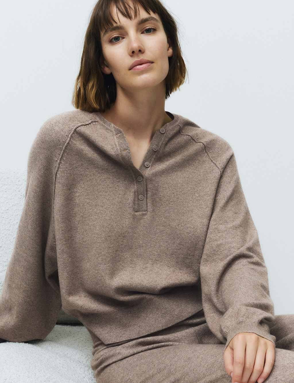 Marks & Spencer M&S Knitted Oversized Henley Lounge Jumper Brown Marl