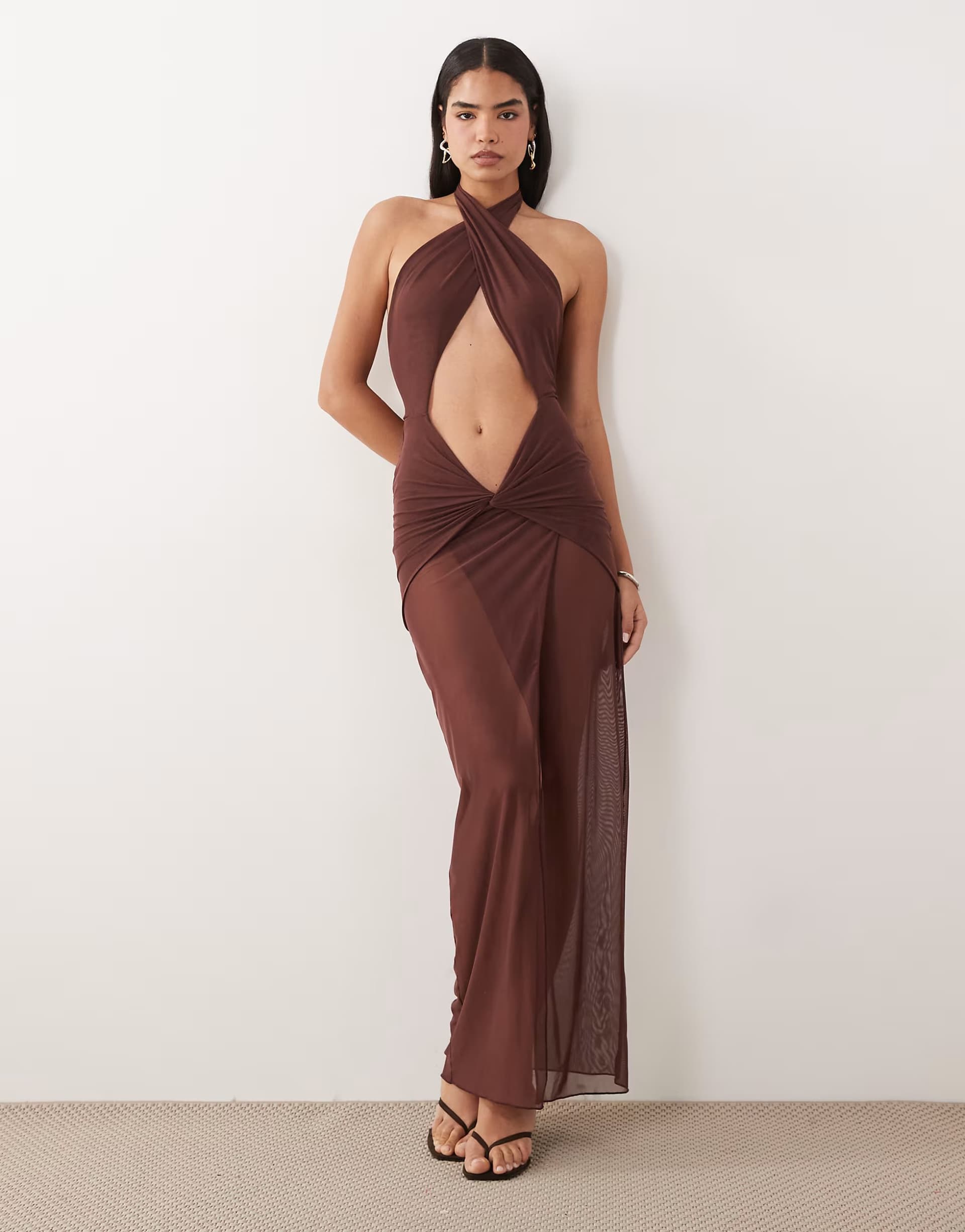 ASOS Oh Polly cross over halterneck cut out detail mesh skirt maxi dress in chocolate