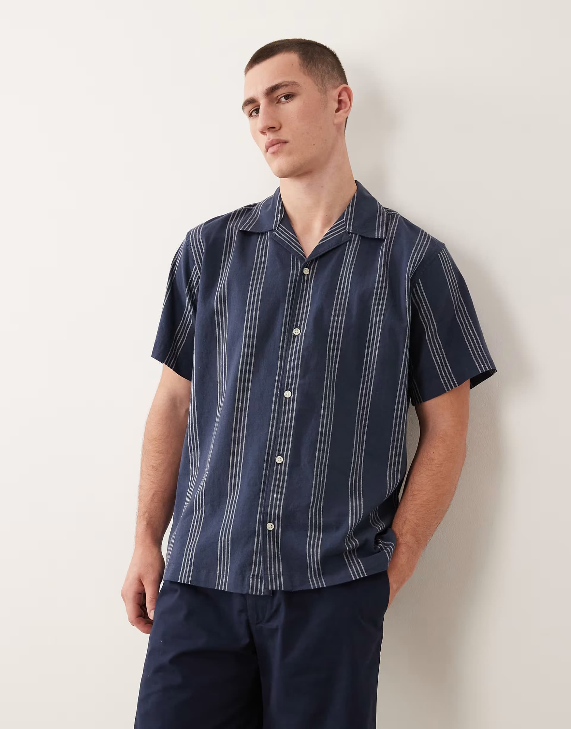 ASOS Jack & Jones linen mix short sleeve shirt with stripes in navy