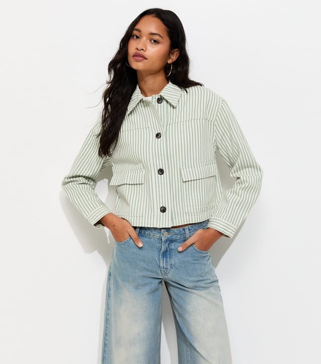New Look Women's Cream and Green Striped Short Shacket New Look - 3