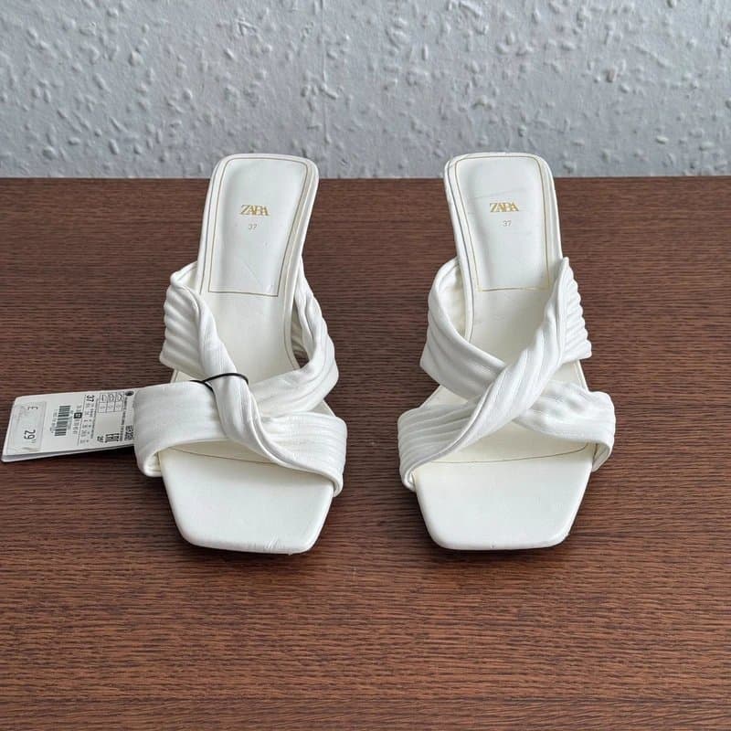 Zara New W Tags Zara White Ruched Twisted Heeled Mules Square Toe Sandals Size 37