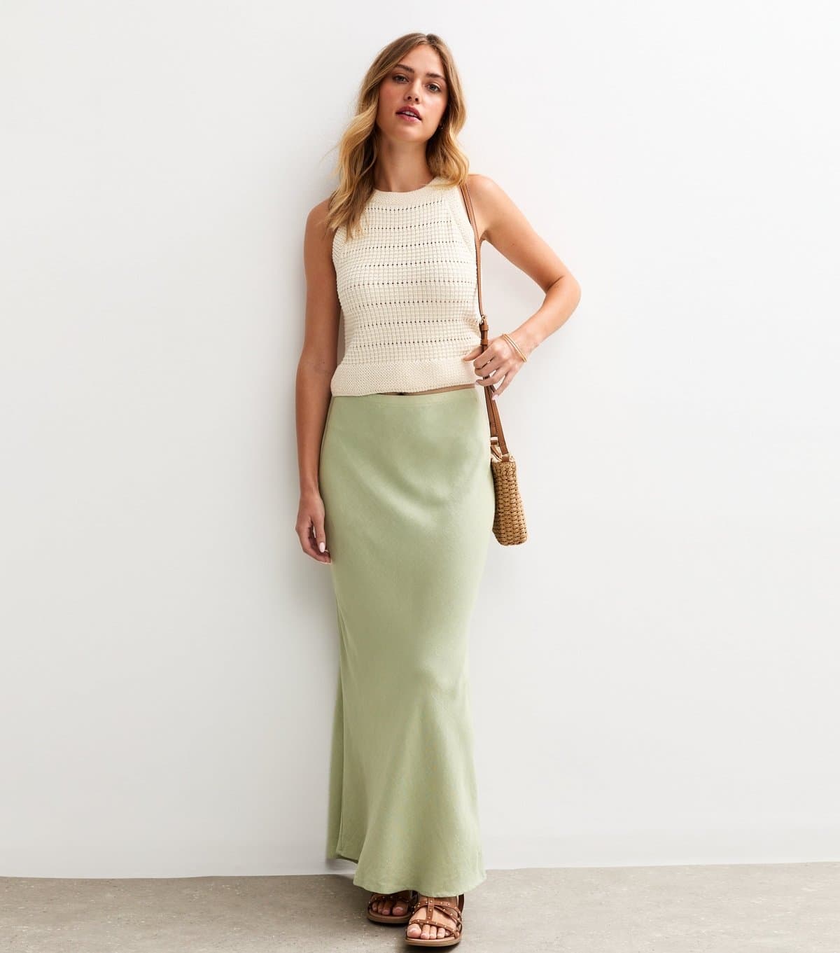 New Look Women's Light Green Linen Blend Bias Cut Midi Skirt New Look