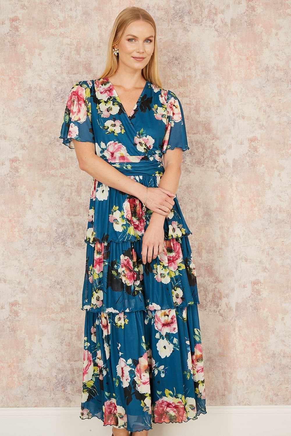 Yumi Yumi Women's Green Floral Mesh Tiered Maxi Dress