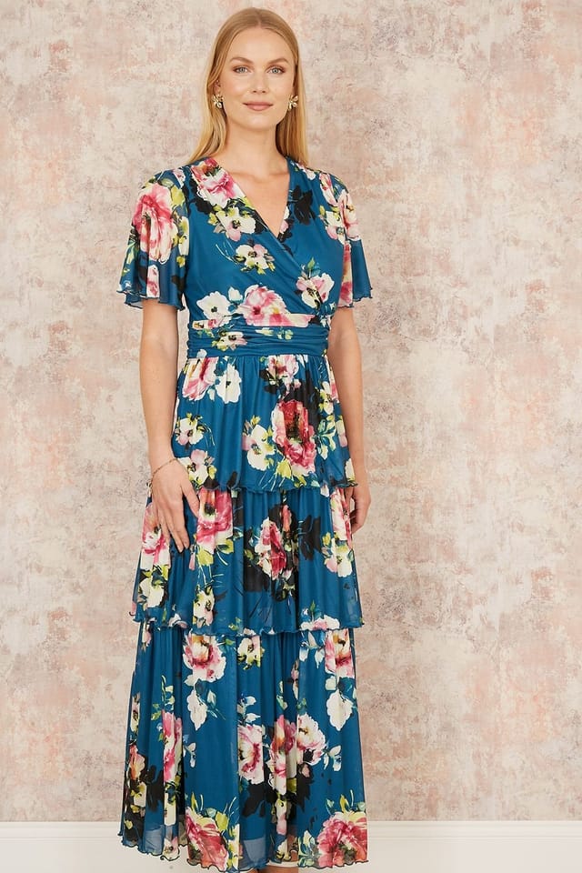 Yumi Yumi Women's Green Floral Mesh Tiered Maxi Dress - 2